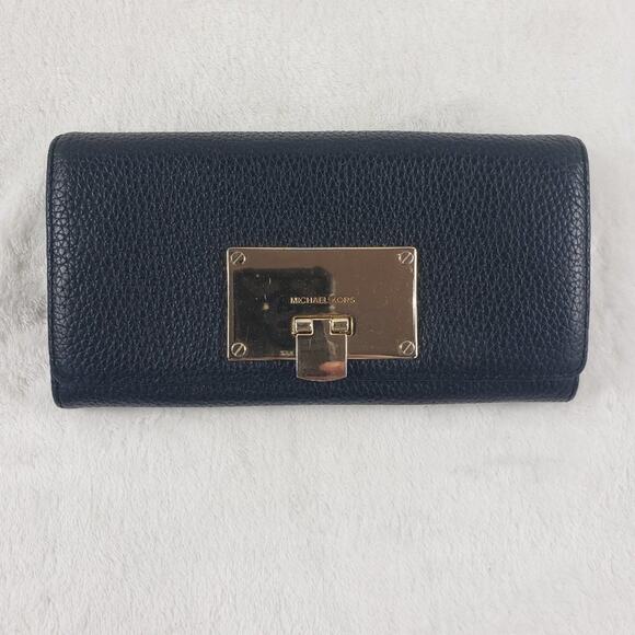 Michael Kors Wallet Women's Black Pebble Large Leather Gold Hardware - Picture 2 of 10